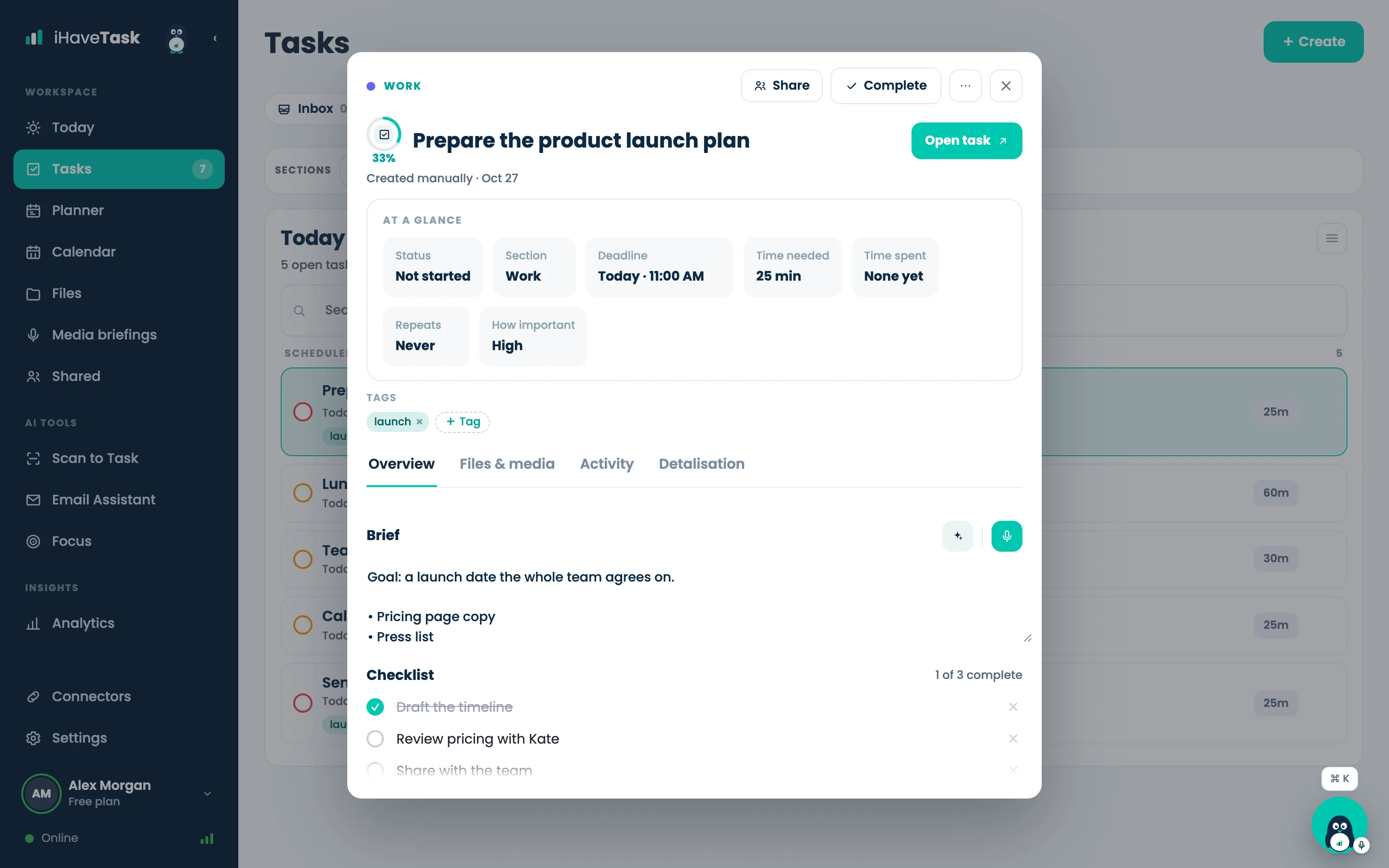 A task opened over the list: its brief, details and checklist