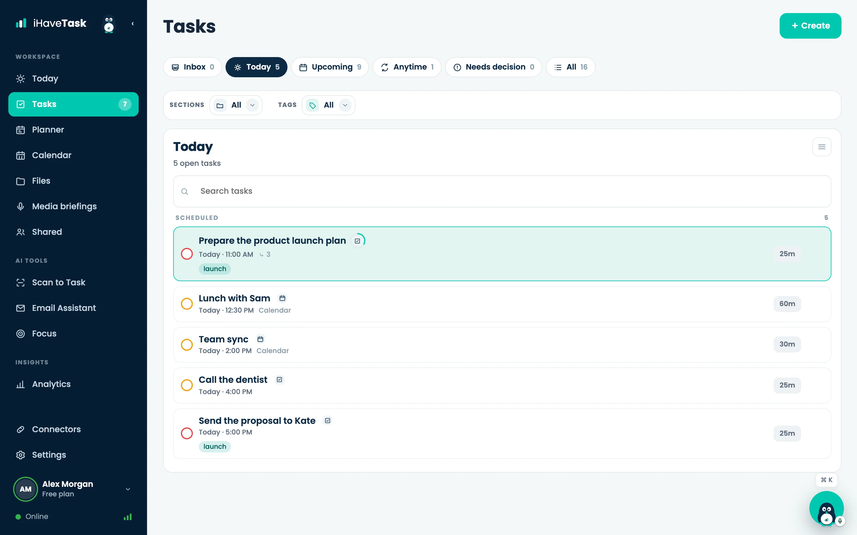 The Tasks screen: today's tasks and events, with sections and tags