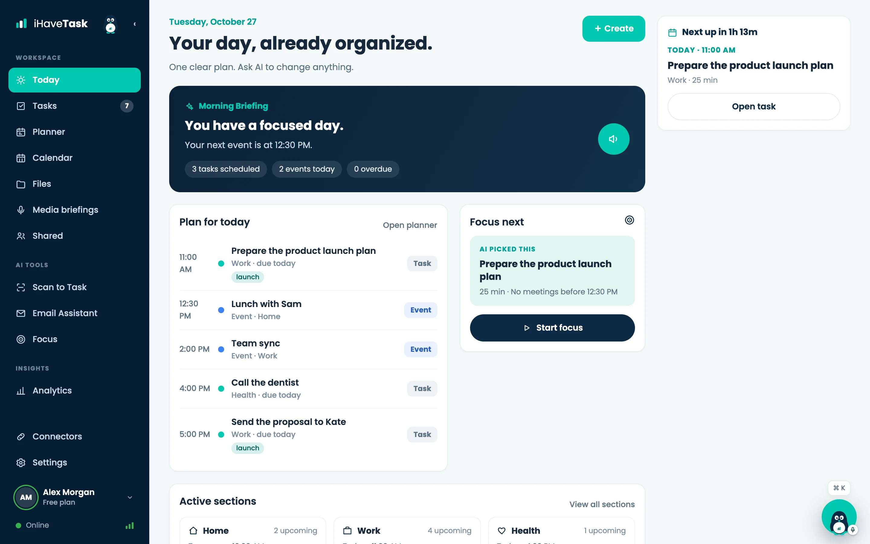 iHaveTask's Today screen: the morning briefing, the plan for today and what to focus on next
